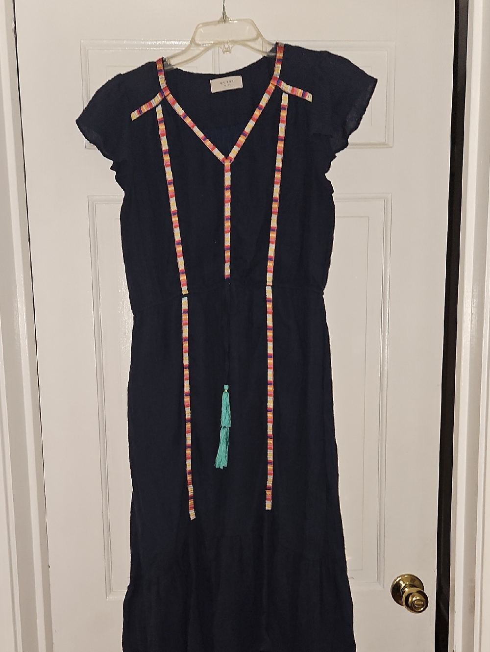 Navy Maxi Dress with Colorful Trim and Turquoise Tassel